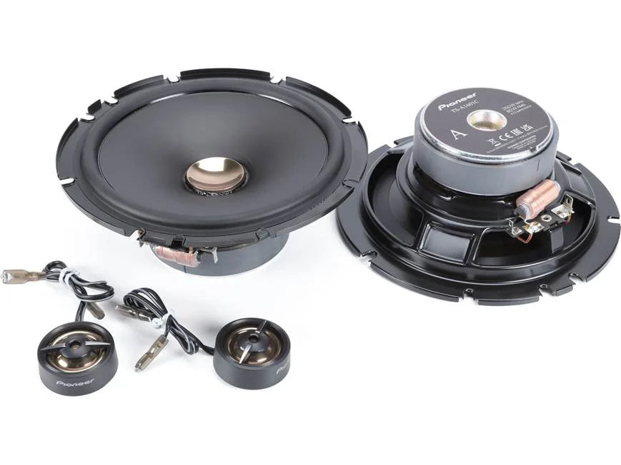 Pair of car speakers with wiring on a white background