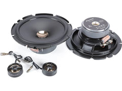 Pair of car speakers with wiring on a white background