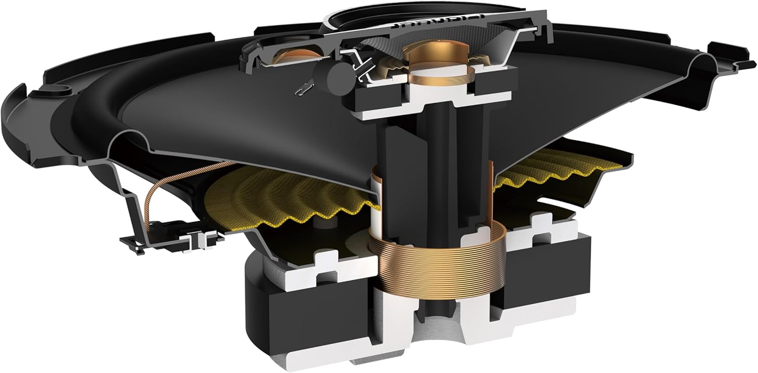 Close-up of a mechanical device with black, gold, and silver components on a white background