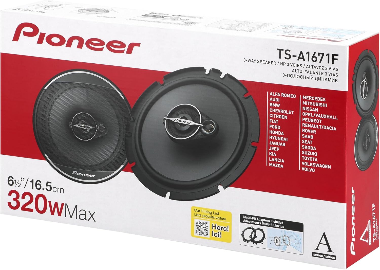 Pioneer car speaker packaging with two speakers on a red and white box.