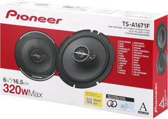 Pioneer car speaker packaging with two speakers on a red and white box.
