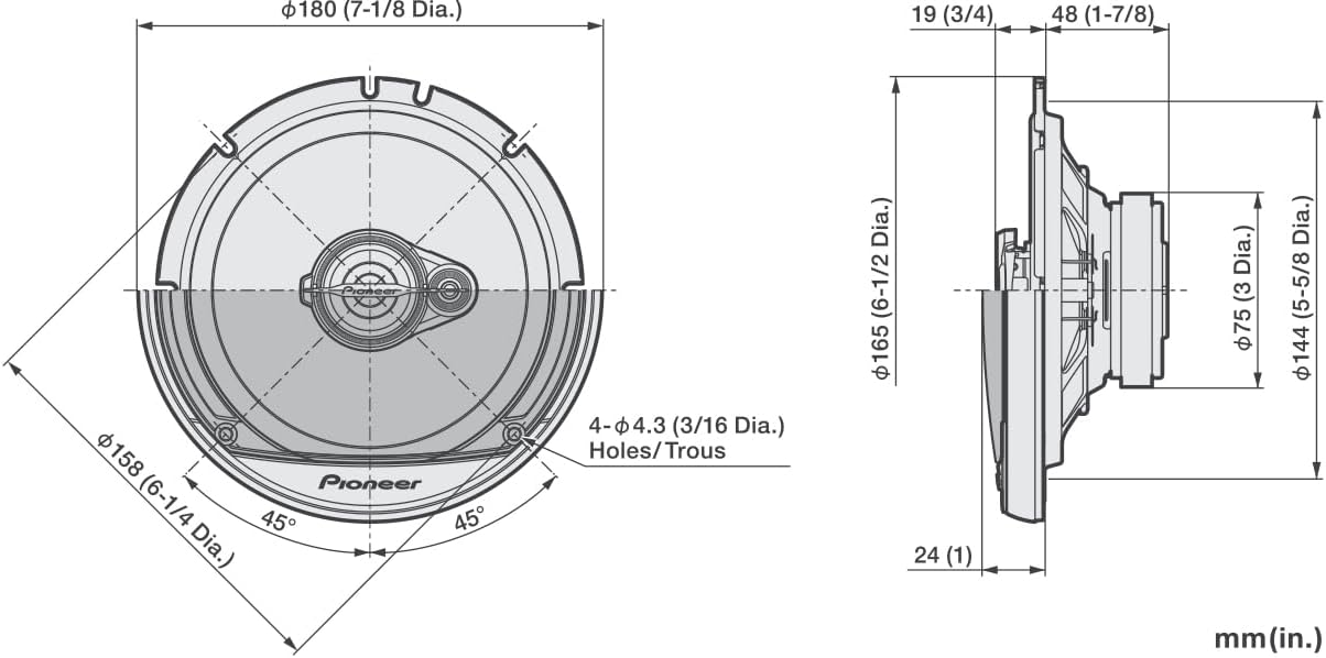 Technical drawing of a Pioneer speaker with dimensions labeled