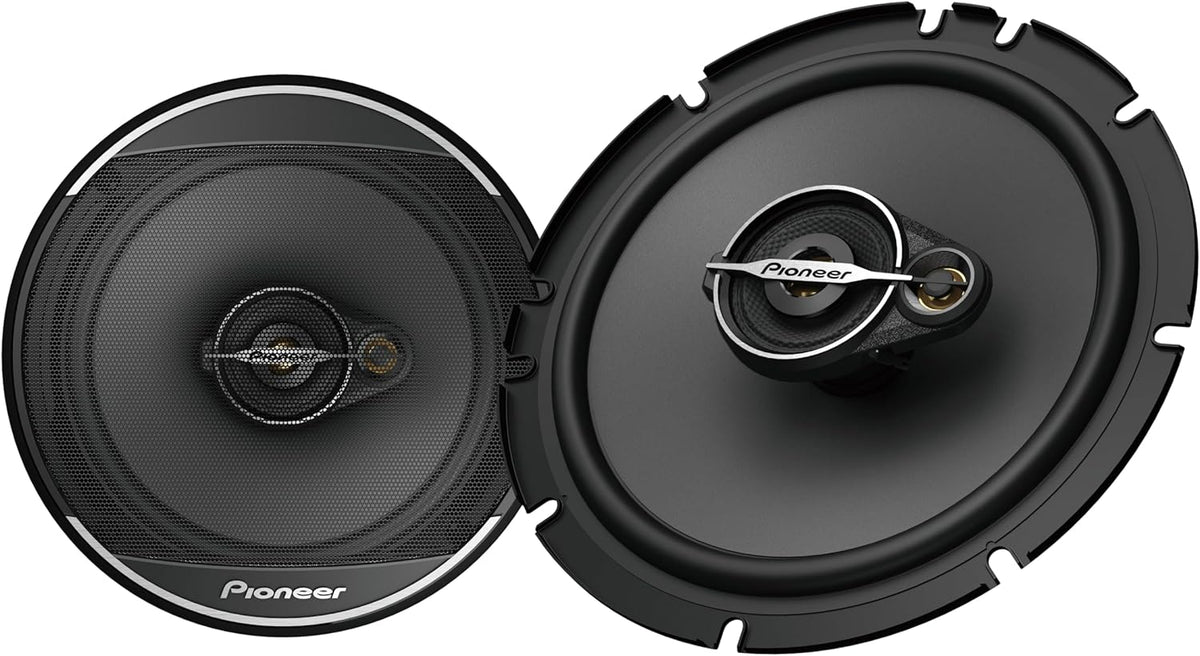 Pair of Pioneer car speakers on a white background