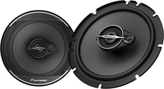 Pair of Pioneer car speakers on a white background