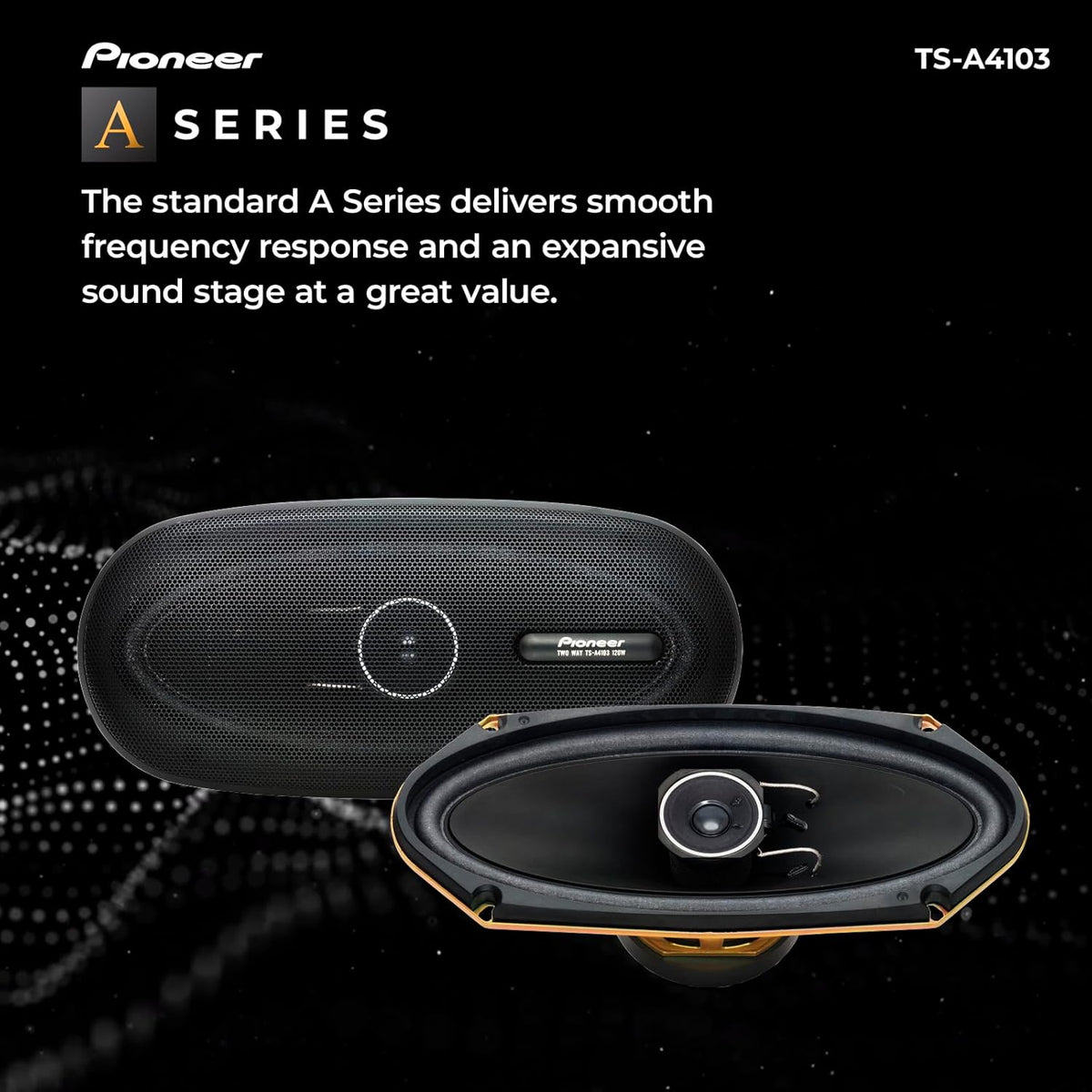 Pioneer A Series car speakers with text about frequency response and sound stage on a black background.