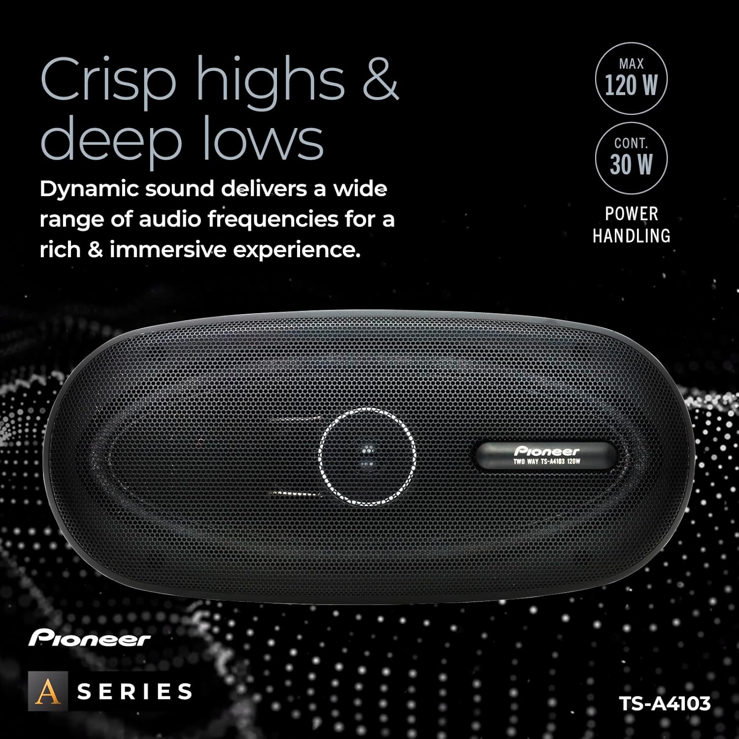 Pioneer audio speaker with text about sound quality and specifications on a black background