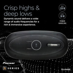 Pioneer audio speaker with text about sound quality and specifications on a black background