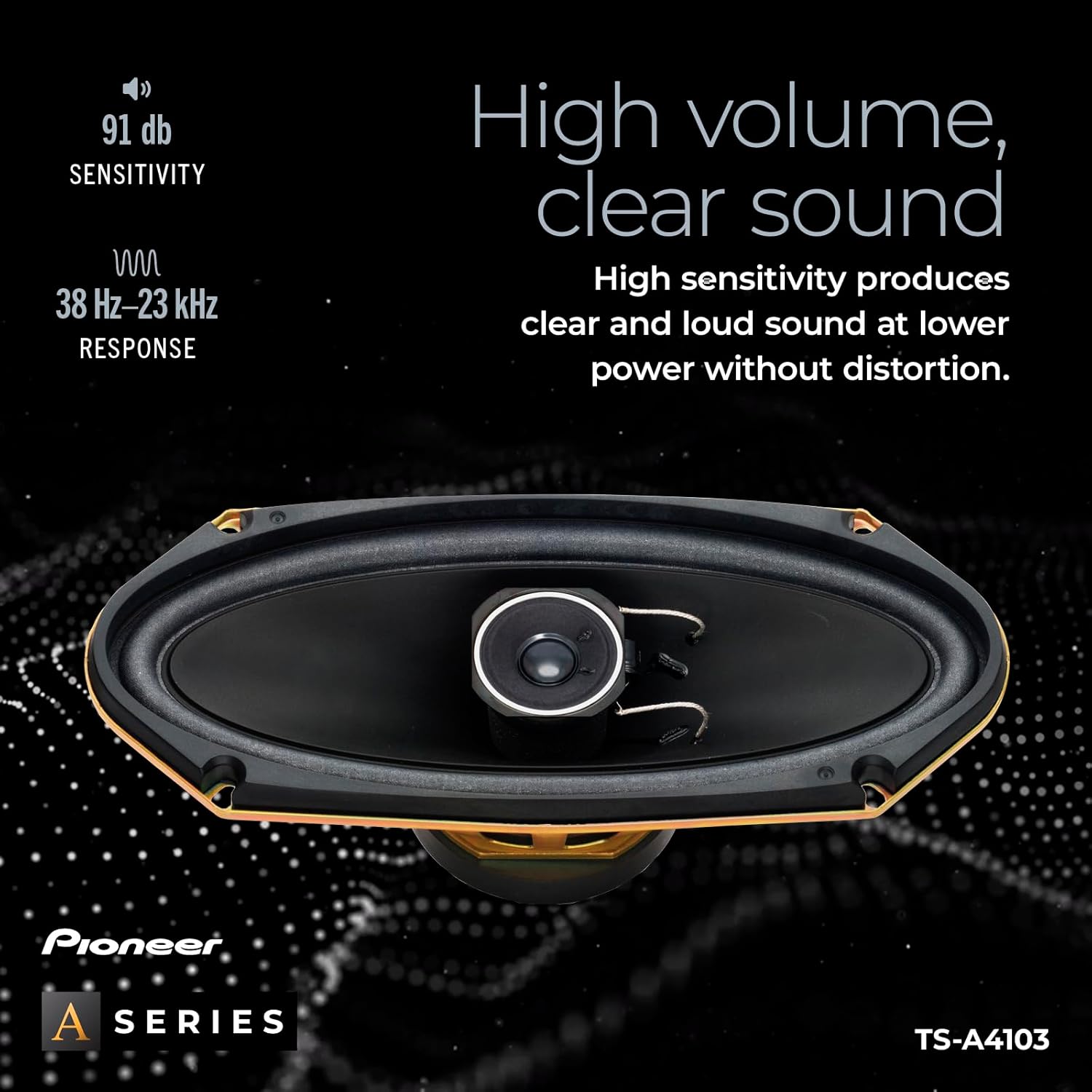 Pioneer car speaker with technical specifications on a dark background