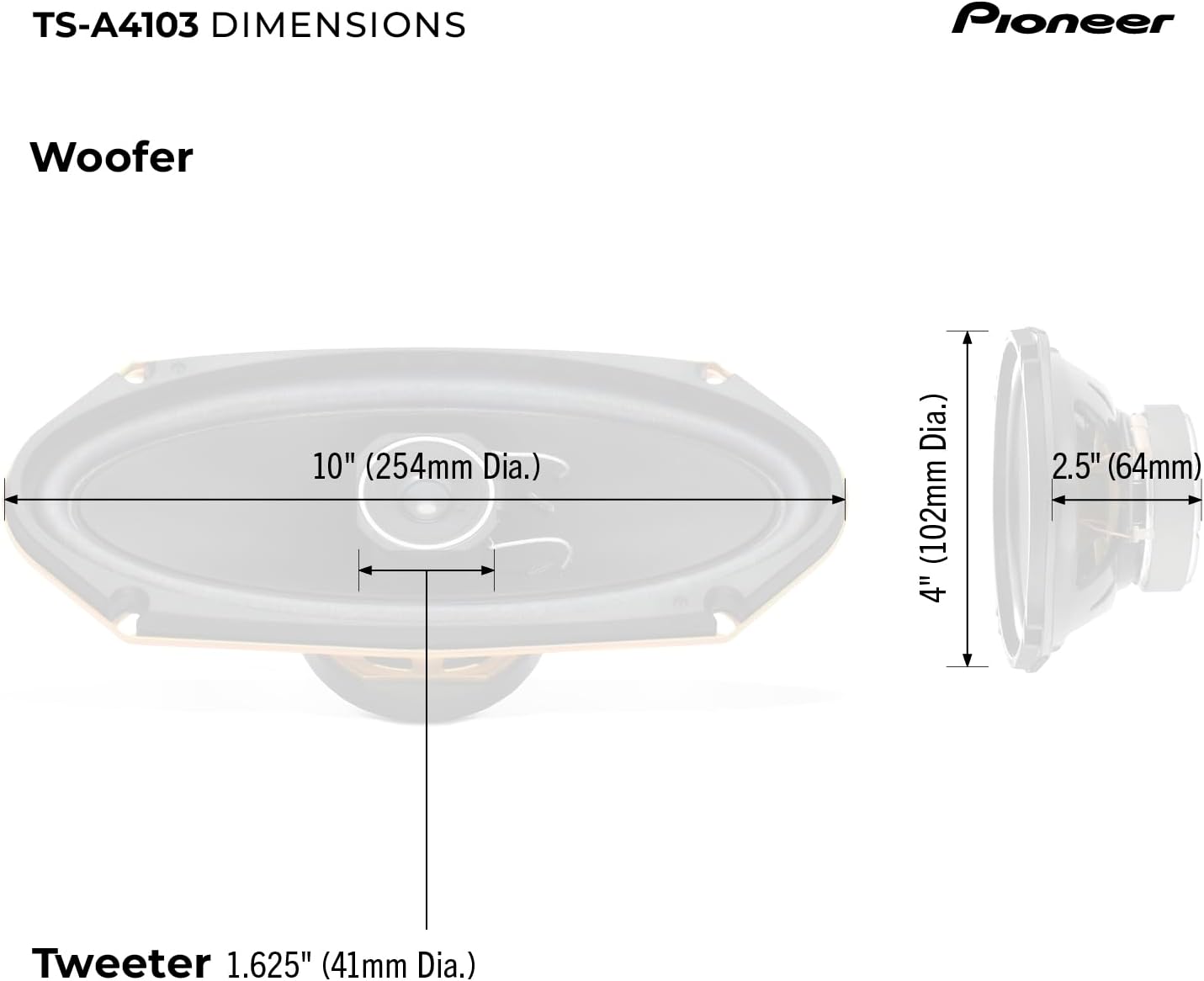 Dimensions of a Pioneer speaker system with woofer and tweeter labeled.
