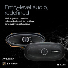 Pioneer car speakers with text on a dark background