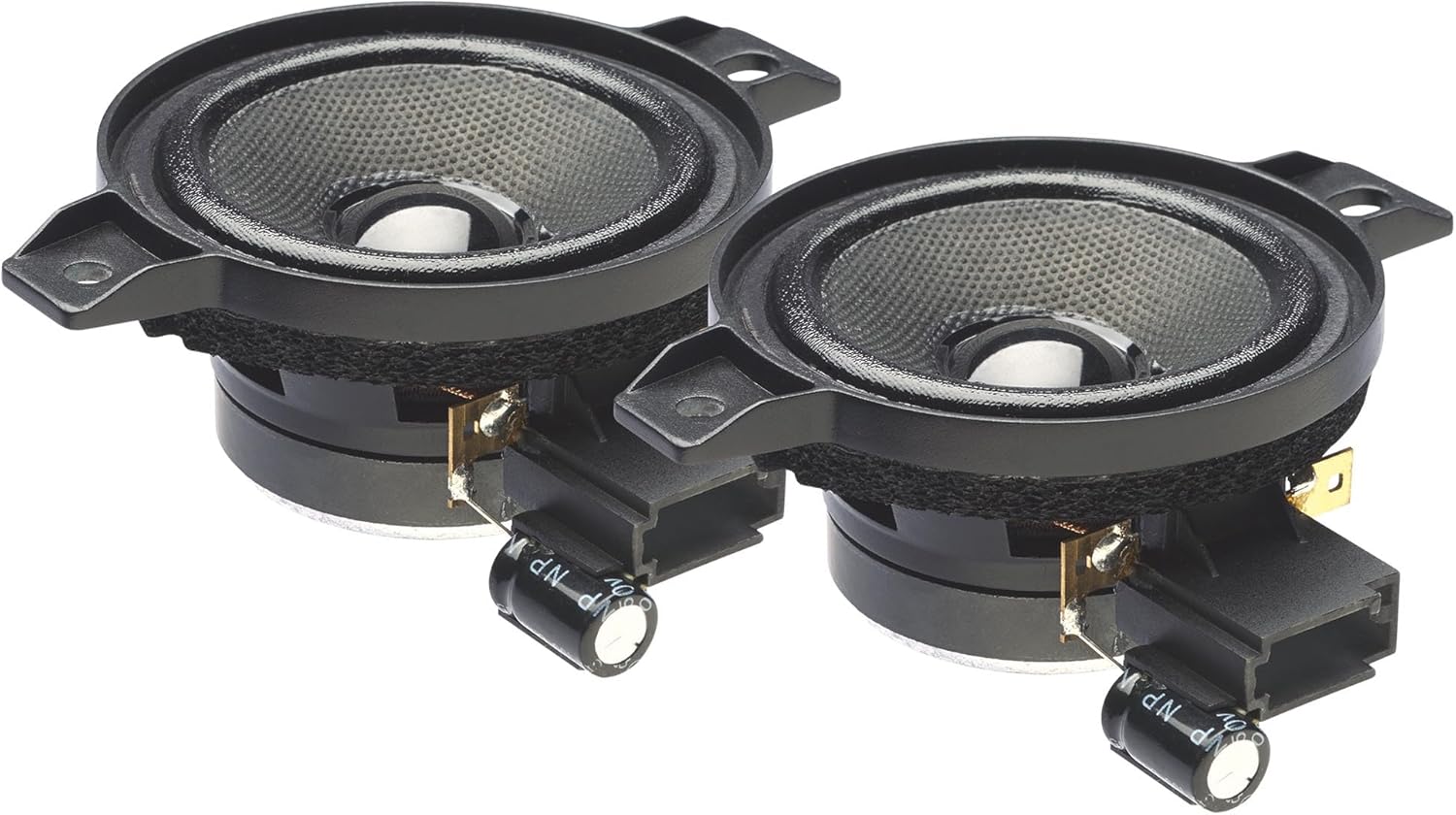 Two black speaker cones with metal frames on a white background