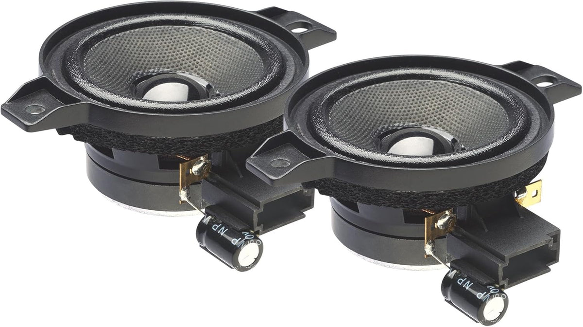 Two black speaker cones with metal frames on a white background
