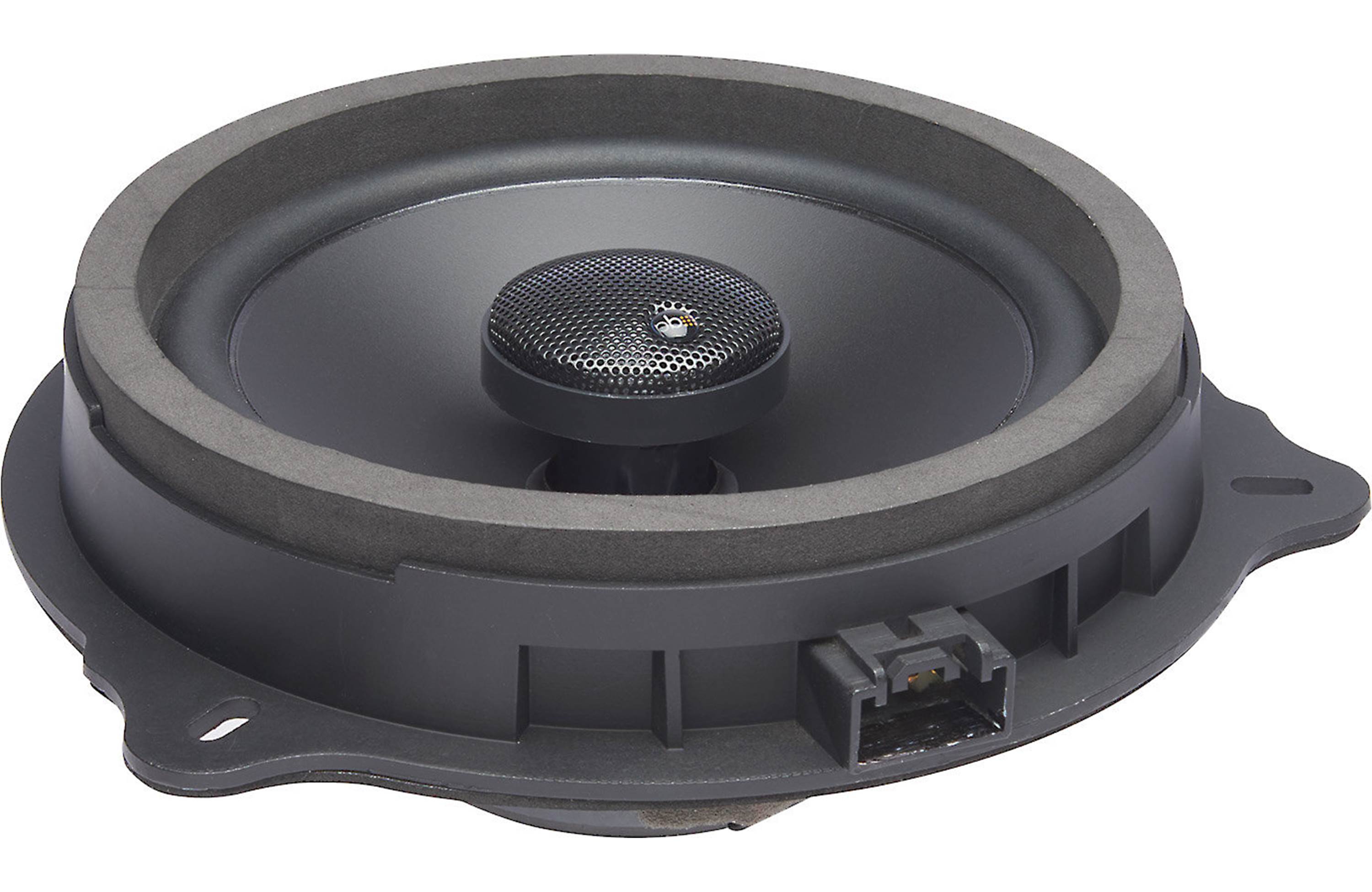 Car speaker with a gray surround on a white background