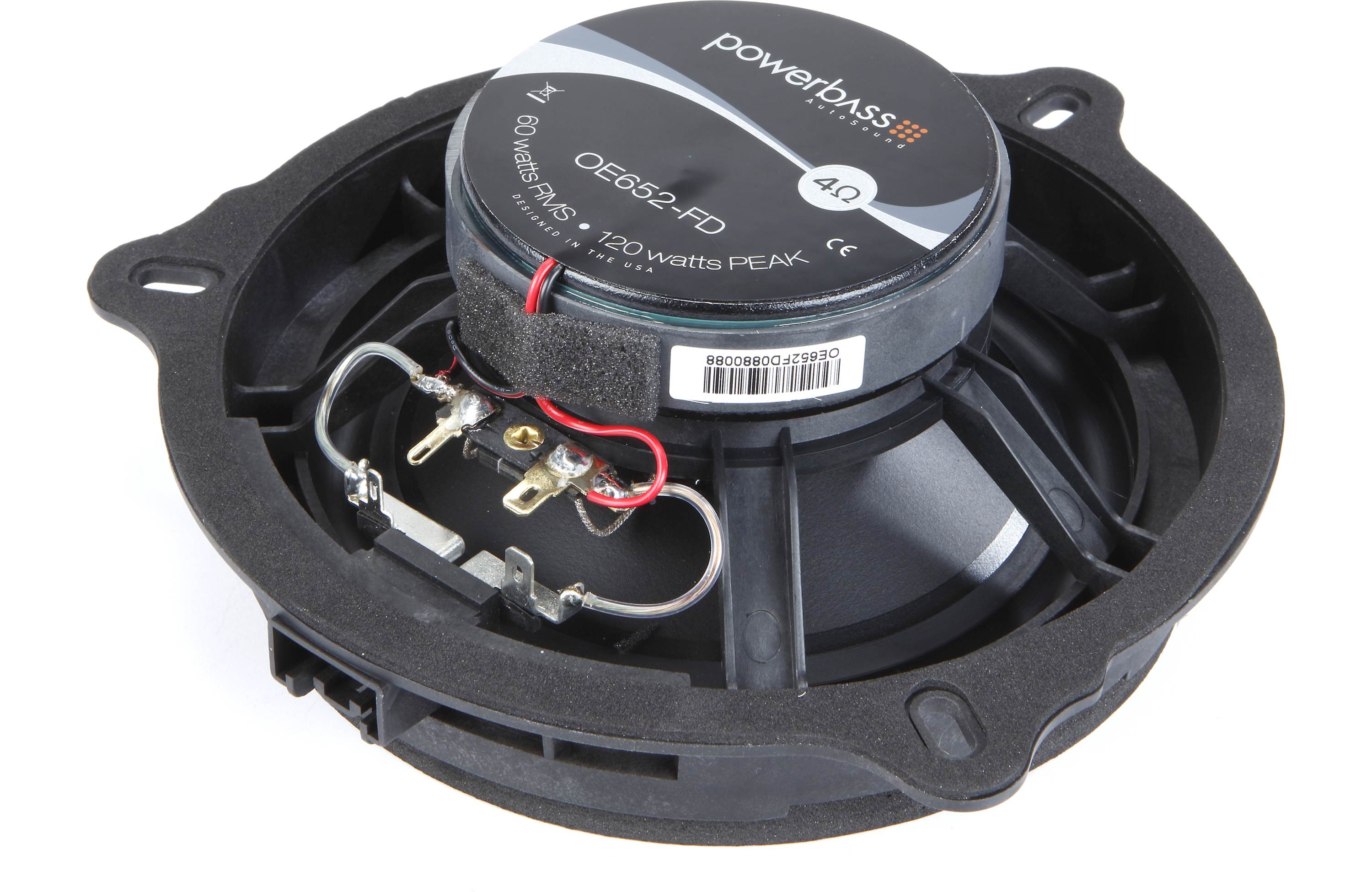 Car speaker with Powerbass branding on a white background