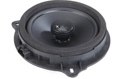 Car speaker with black grille on a white background