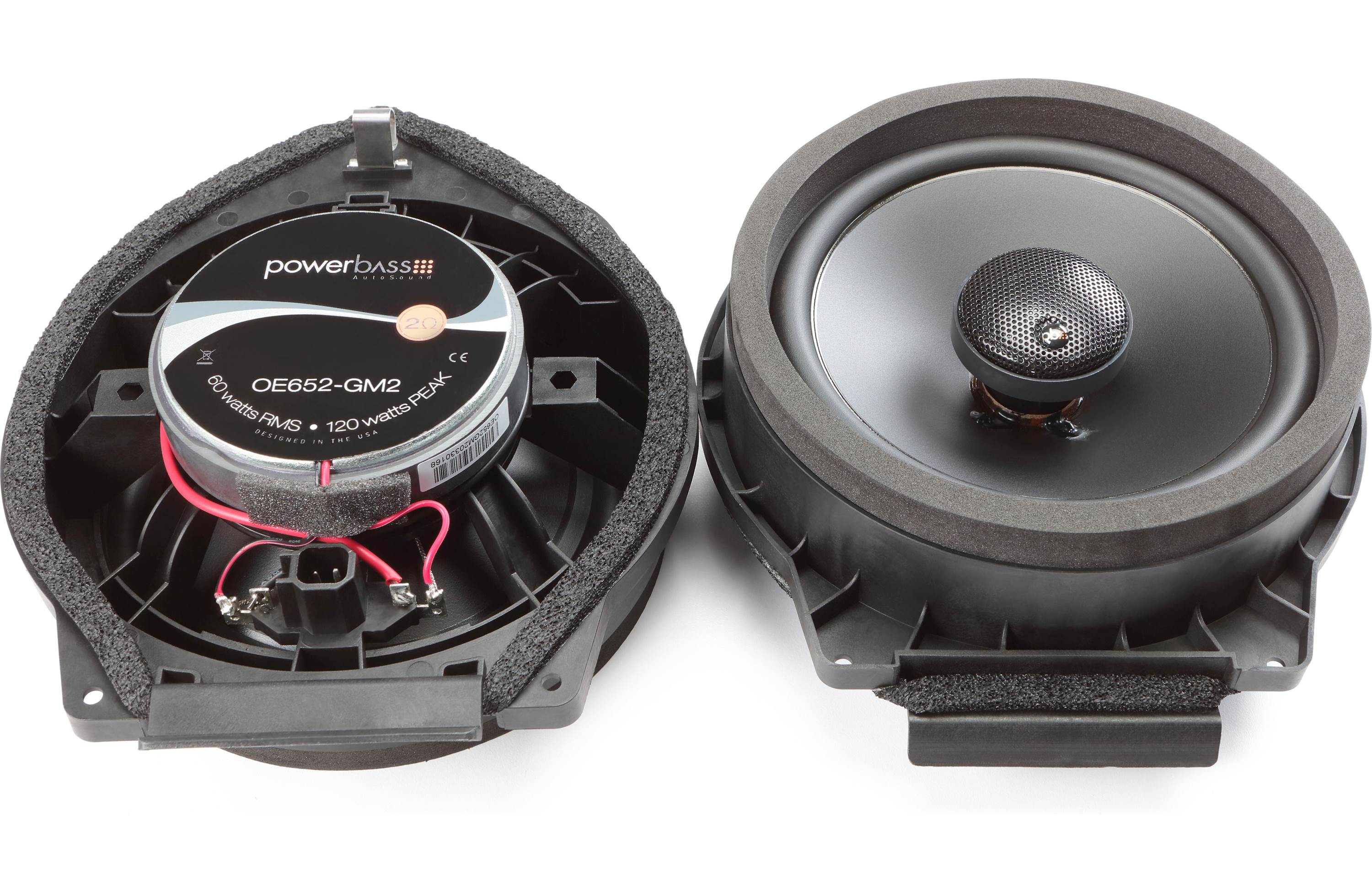 Two car speakers with visible branding on a white background