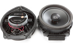 Two car speakers with visible branding on a white background