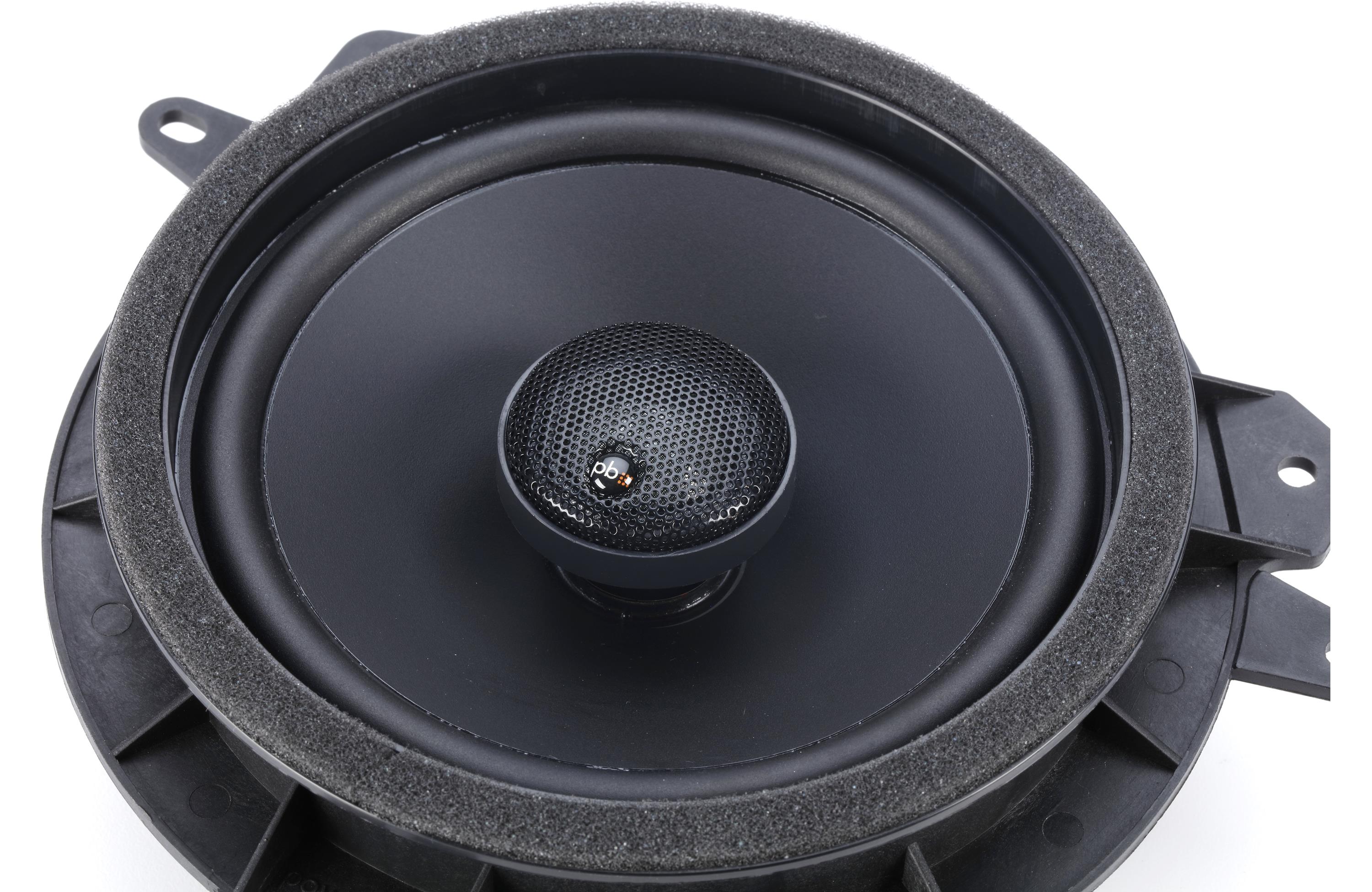 Car speaker with a black grille on a white background