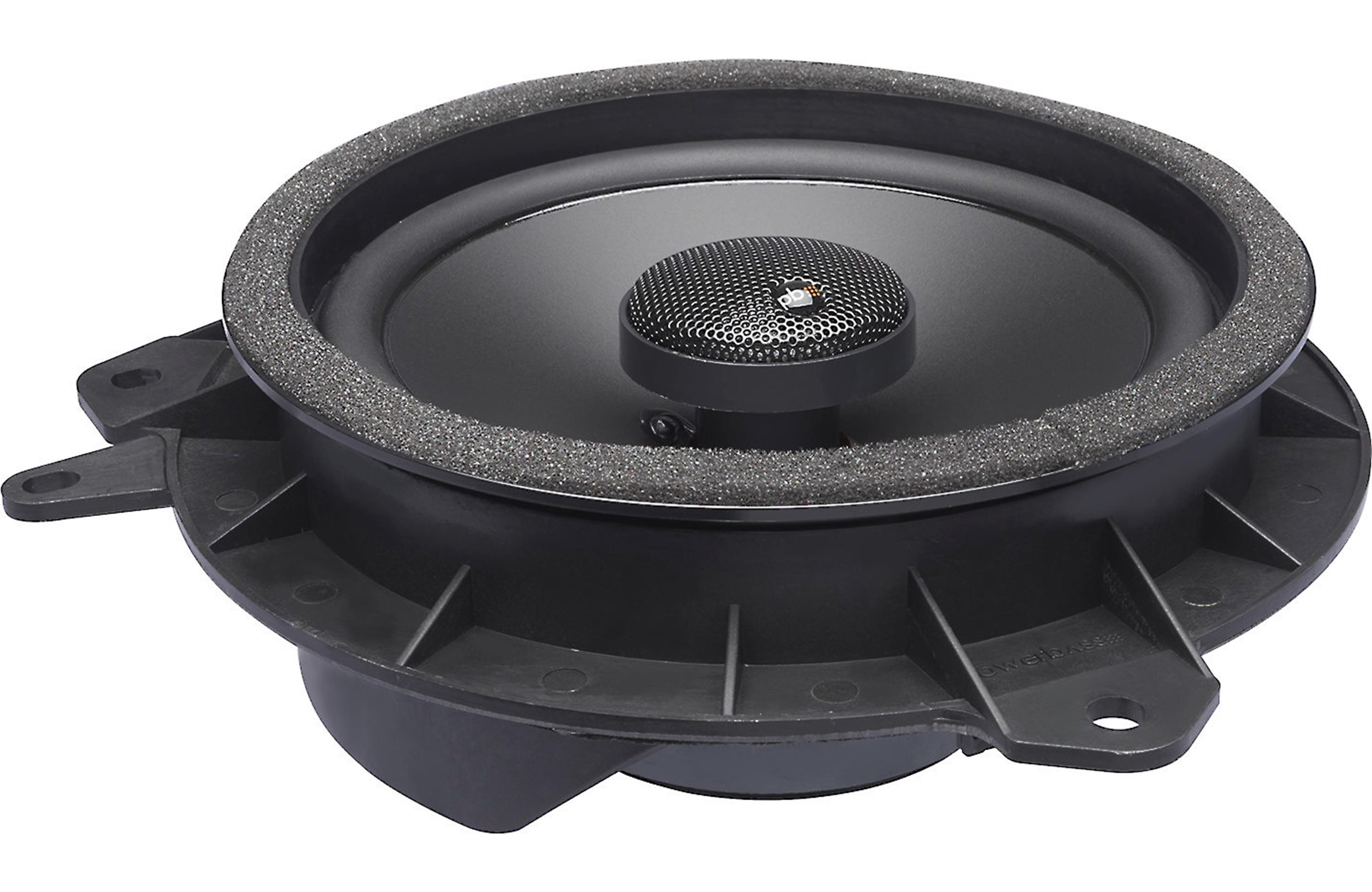 Car speaker with a black frame and gray surround on a white background