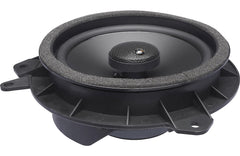 Car speaker with a black frame and gray surround on a white background