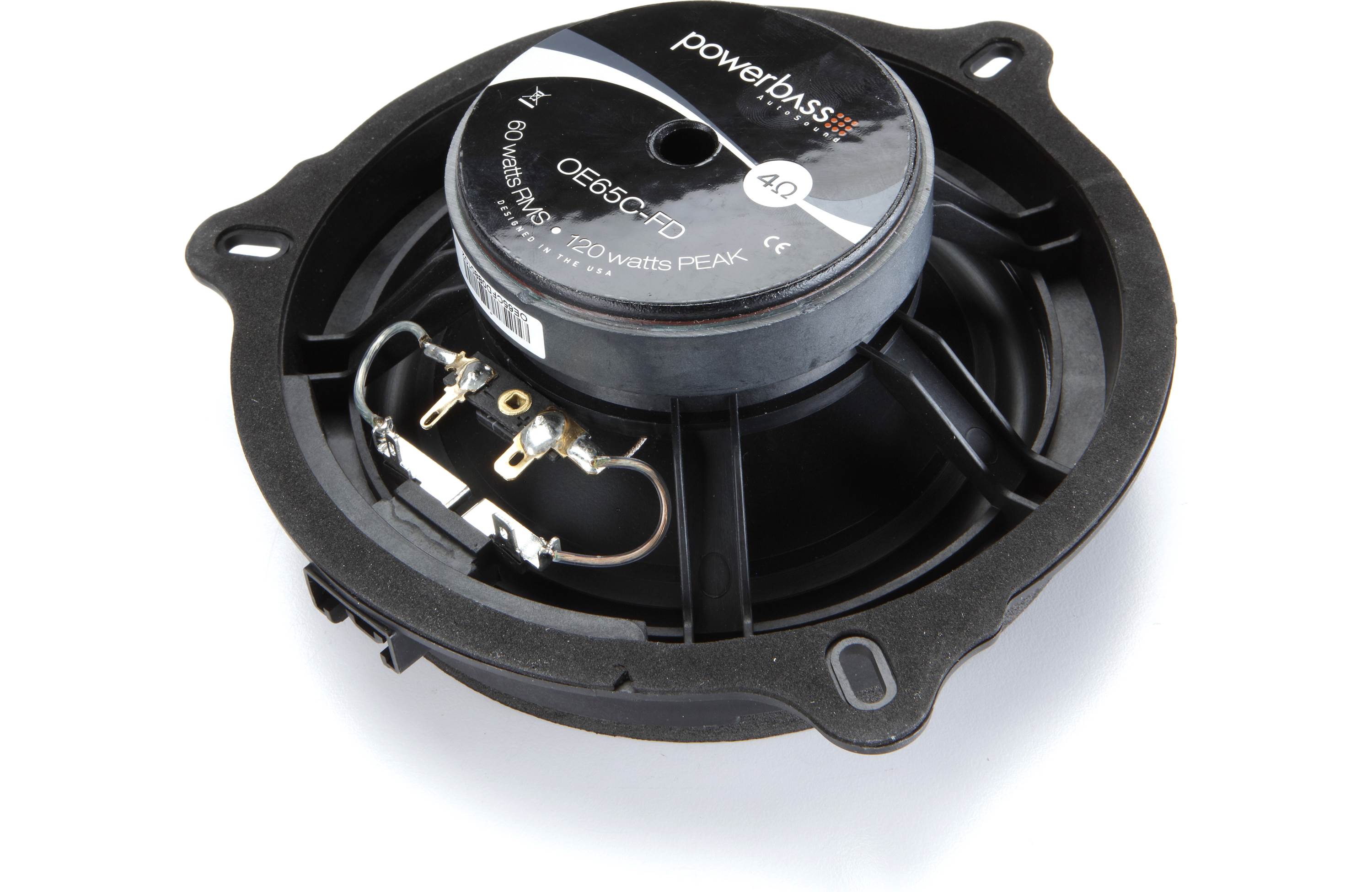 Car speaker with Powerbass branding on a white background