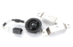 Electrical components including a black connector, silver switch, and black component on a white background