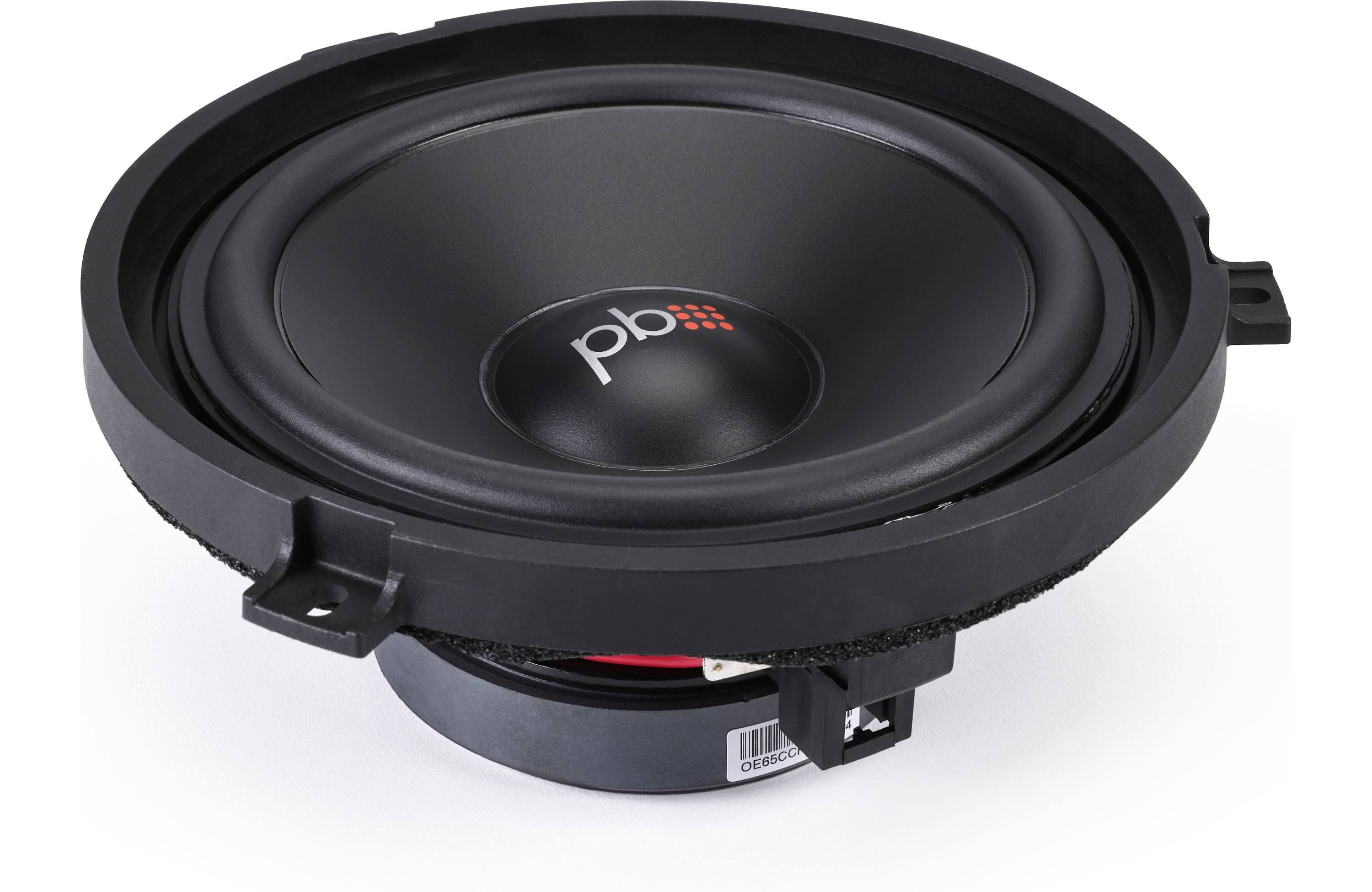 Black car speaker with 'pb' logo on a white background