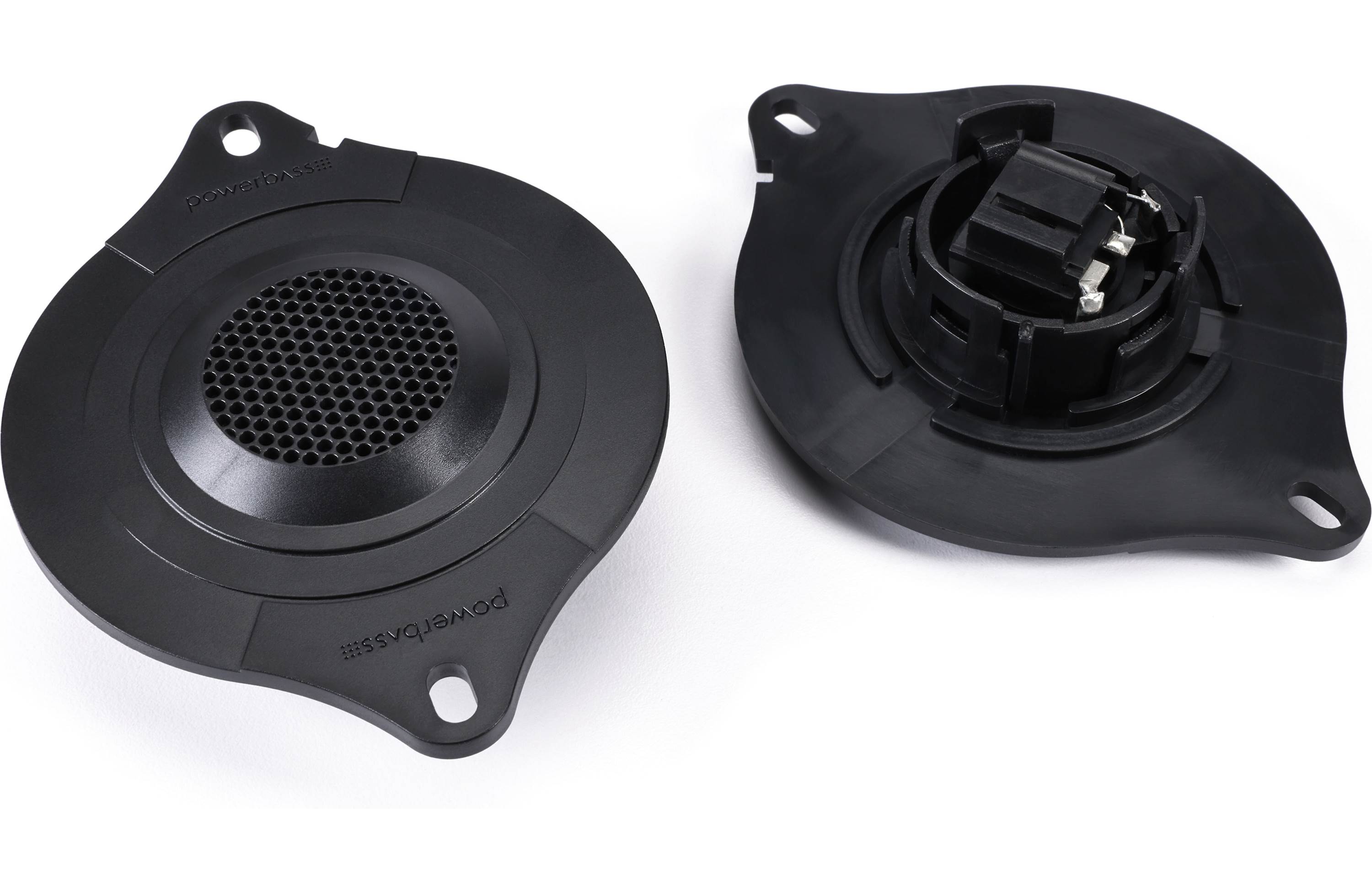 Two black speaker components on a white background