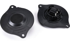 Two black speaker components on a white background