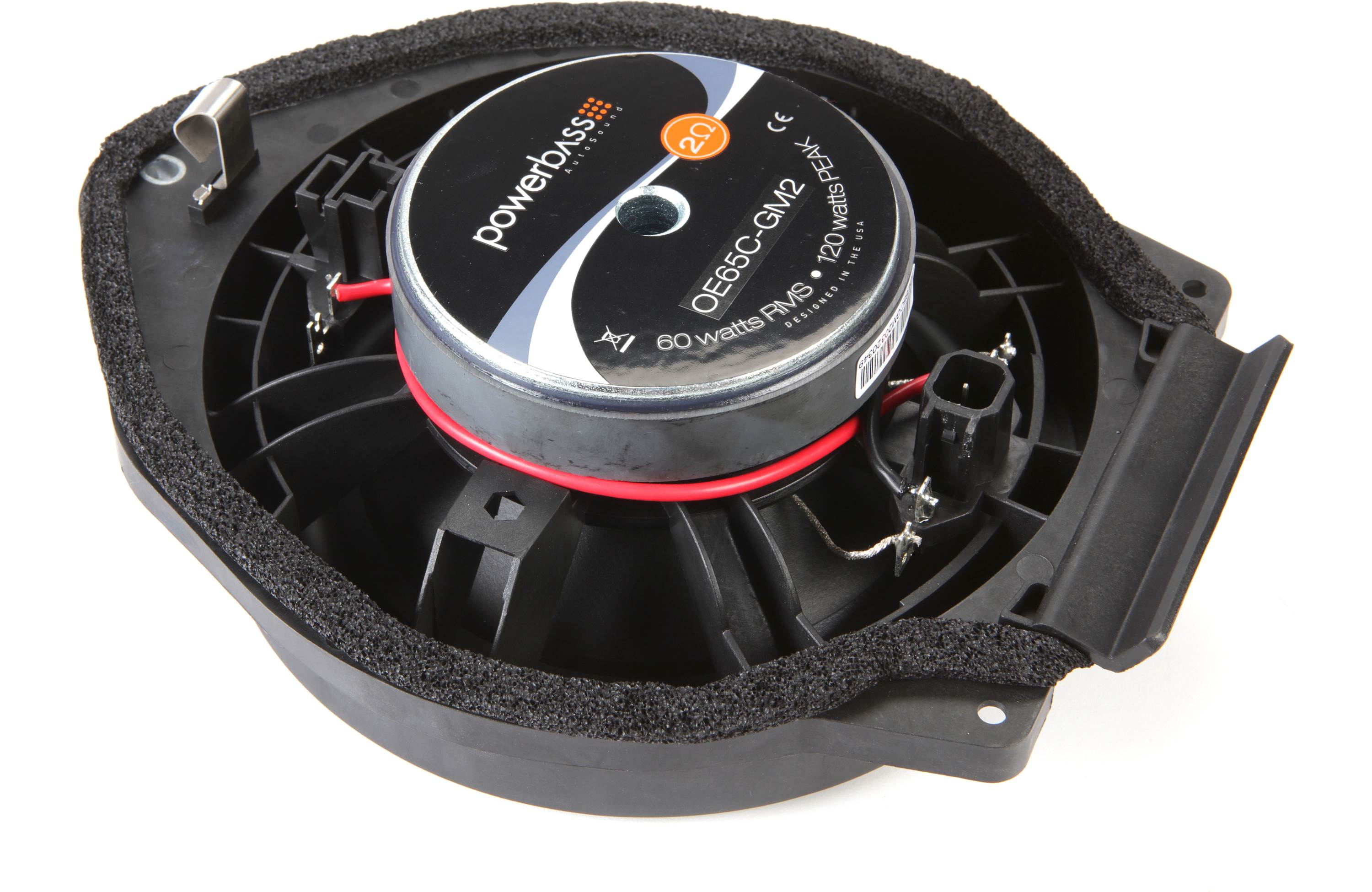 Car speaker with Powerbass branding on a white background