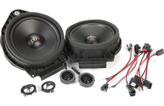 Pair of car speakers with wiring harness on a white background
