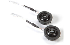 Two black speakers with wires on a white background