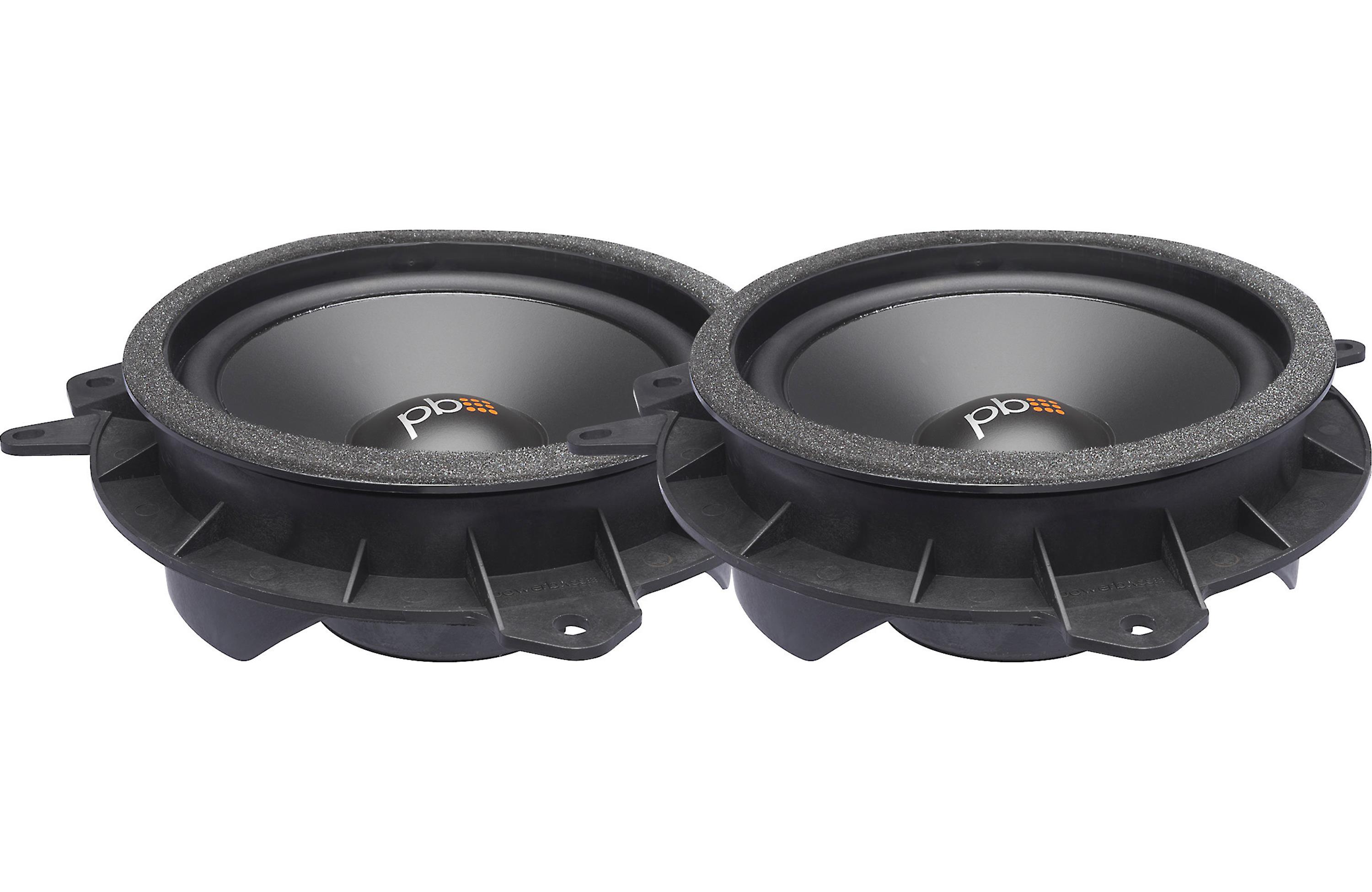 Two car speakers with PowerBass branding on a white background