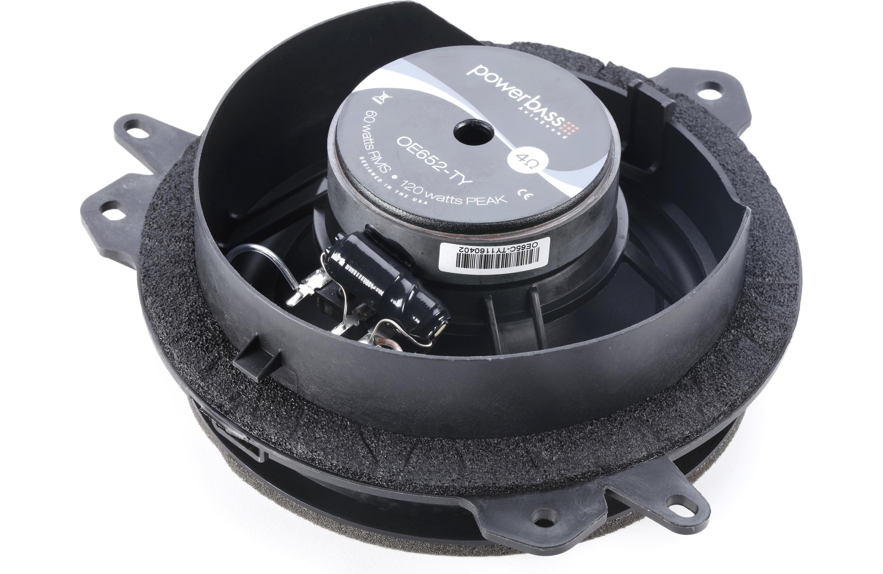 Car speaker with Powerbass branding on a white background