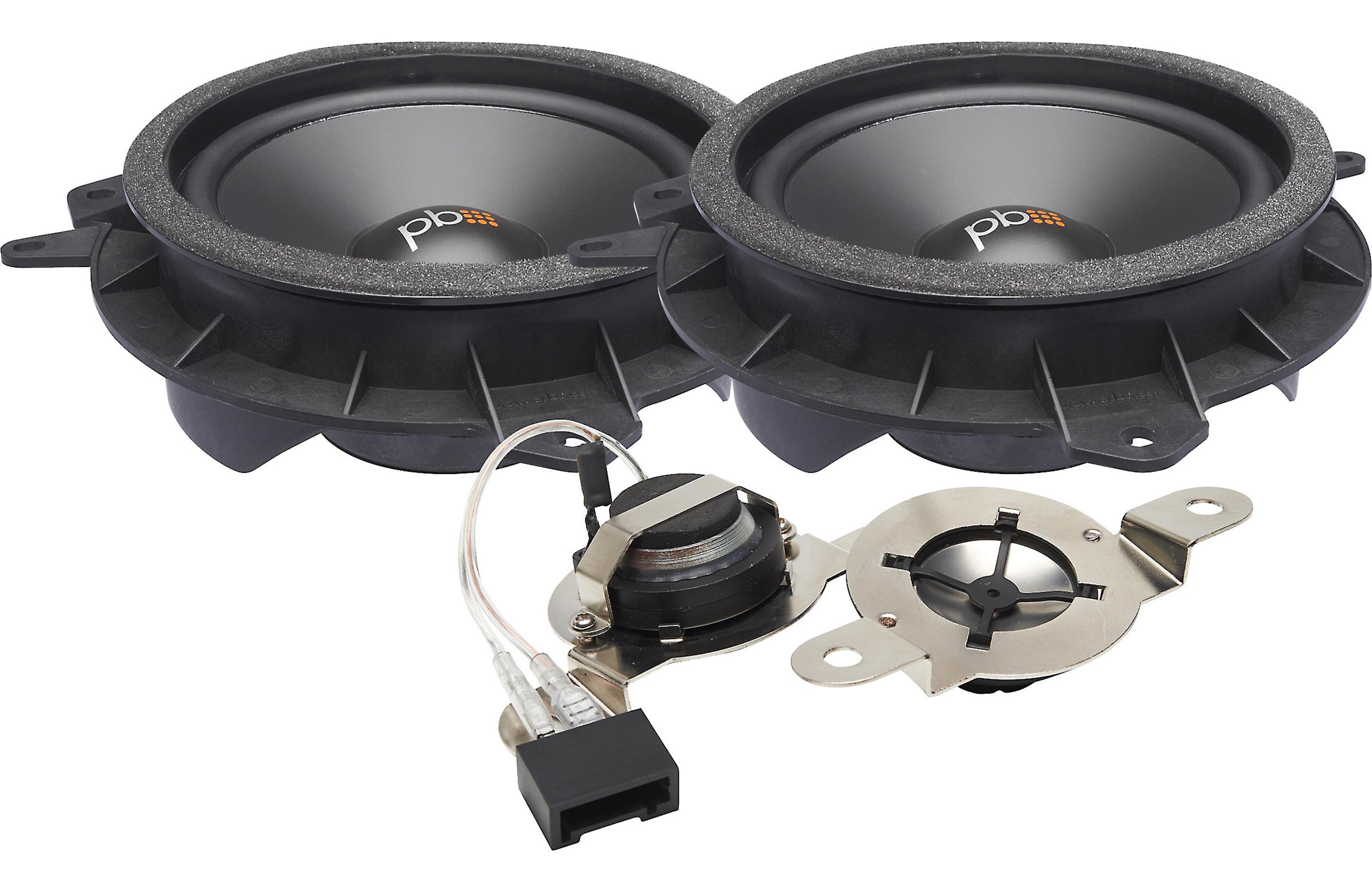 Pair of car speakers with wiring harness on a white background