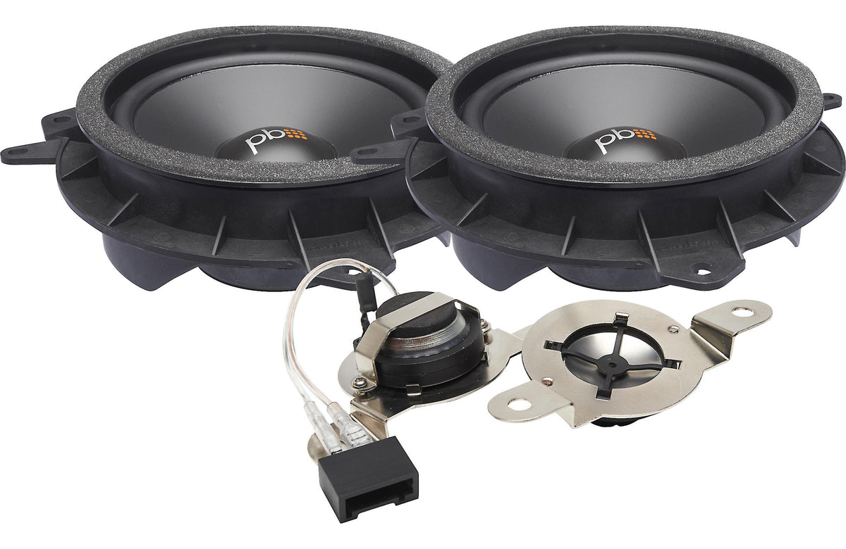 Pair of car speakers with wiring harness on a white background