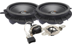 Pair of car speakers with wiring harness on a white background