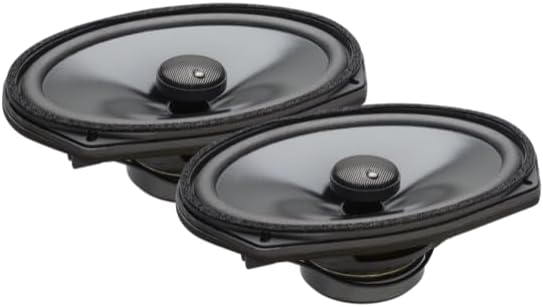 Two car speakers with black grills on a white background