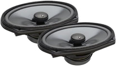 Two car speakers with black grills on a white background