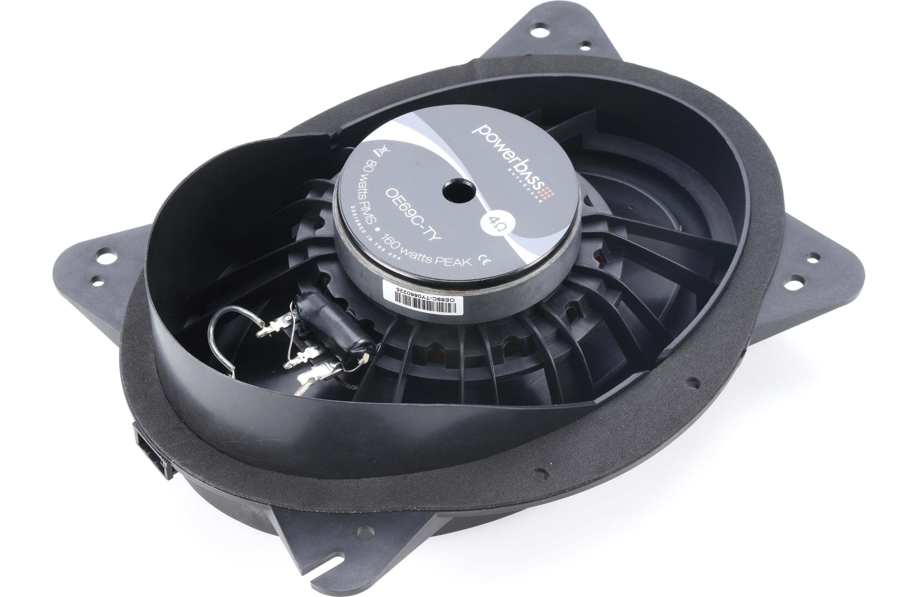 Car speaker with Powerbase branding on a white background