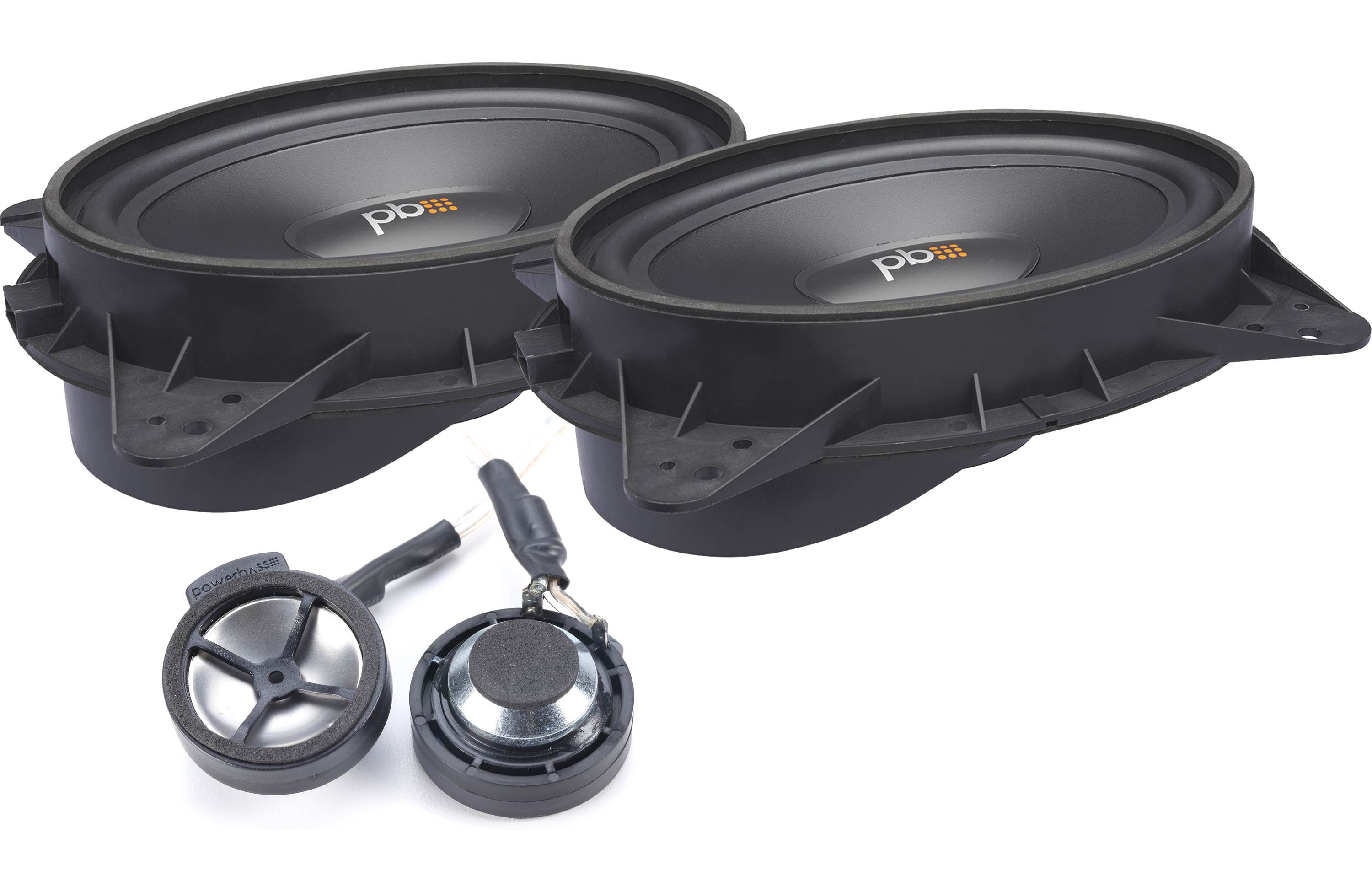 Pair of car speakers with a tweeter and woofer on a white background