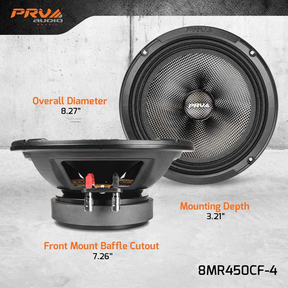 Car speaker with PRV Audio branding on a gray background