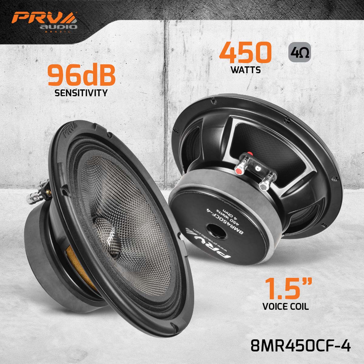 PRV Audio speaker with specifications on a gray background