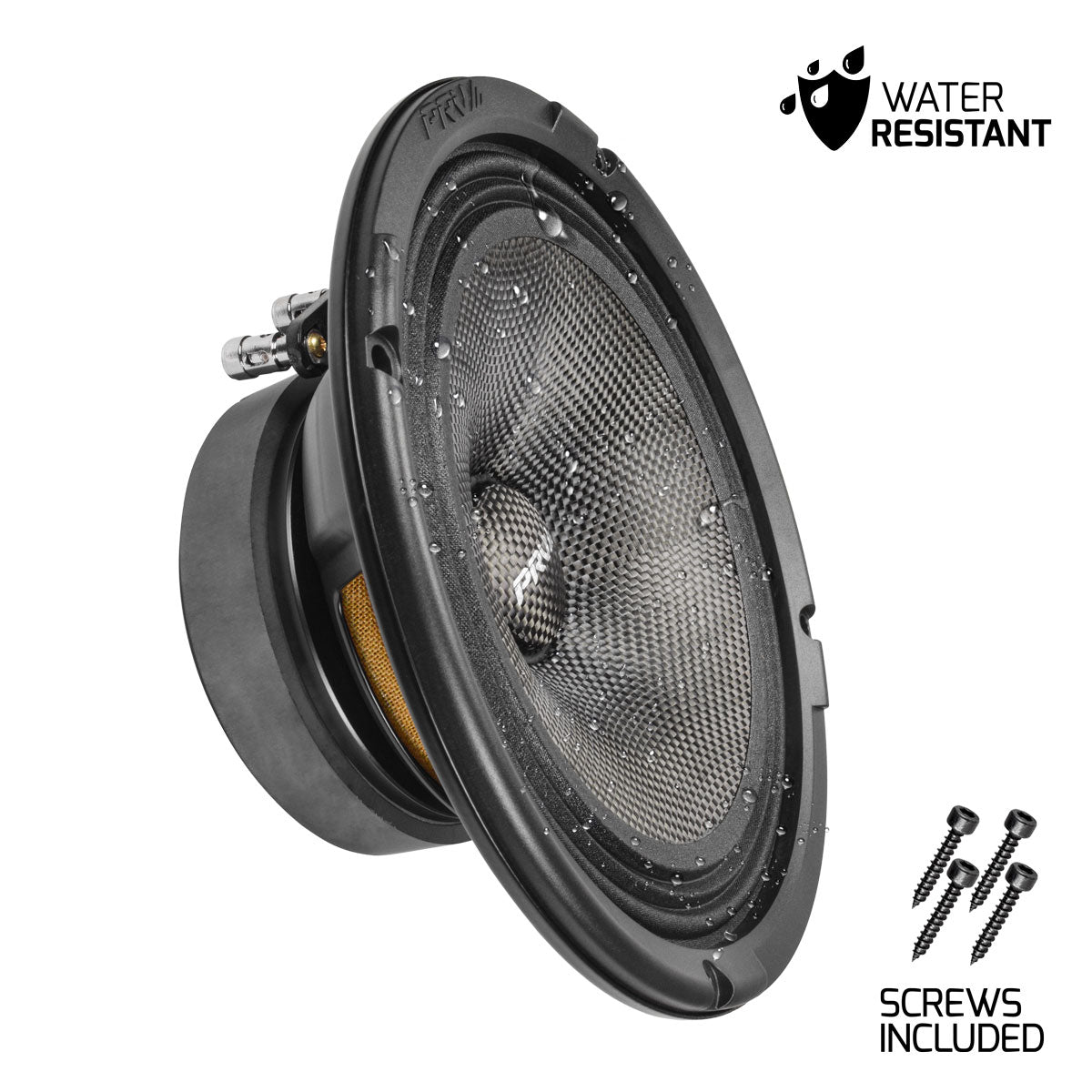 Water-resistant speaker driver with screws included on a white background