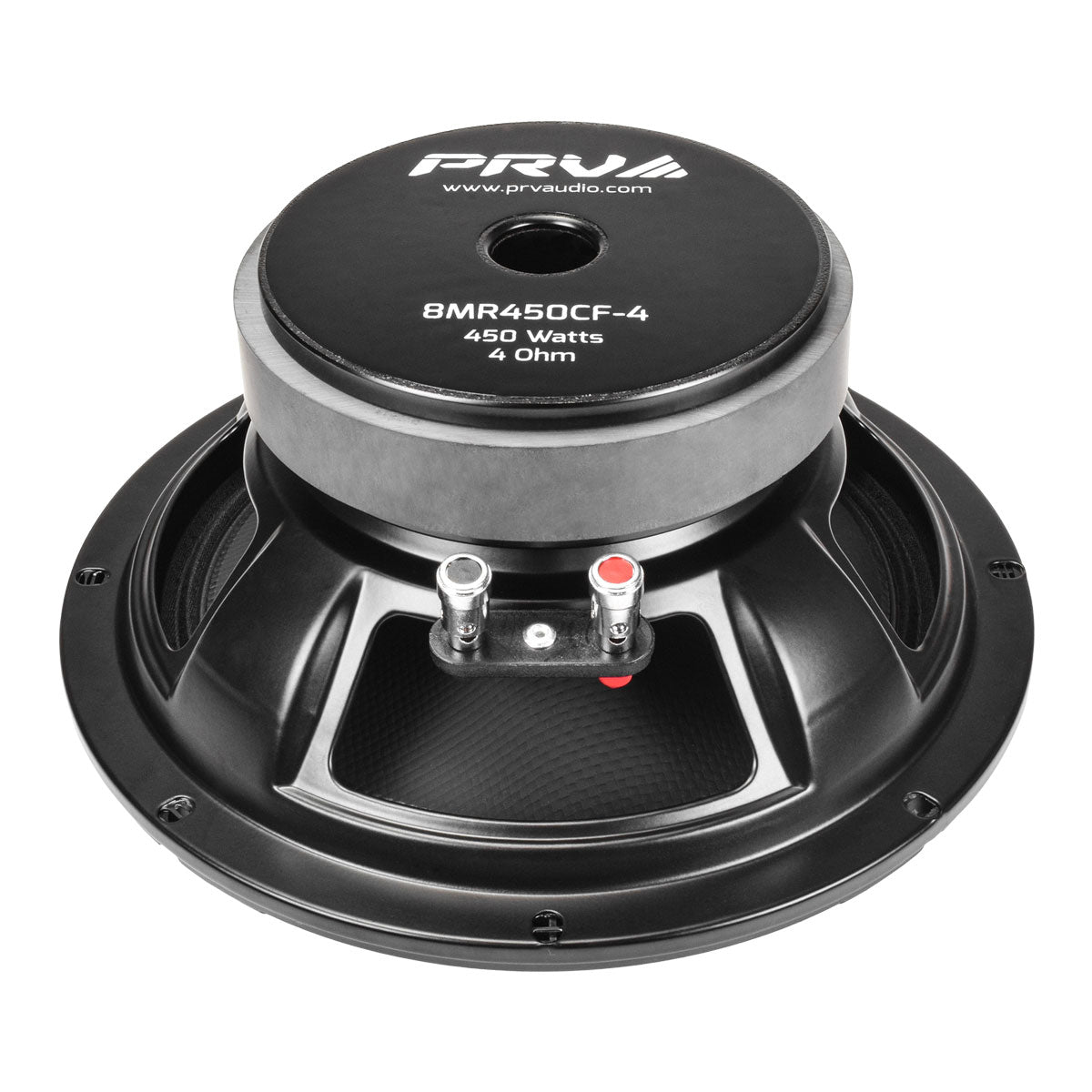 Car speaker with PRV Audio branding on a white background