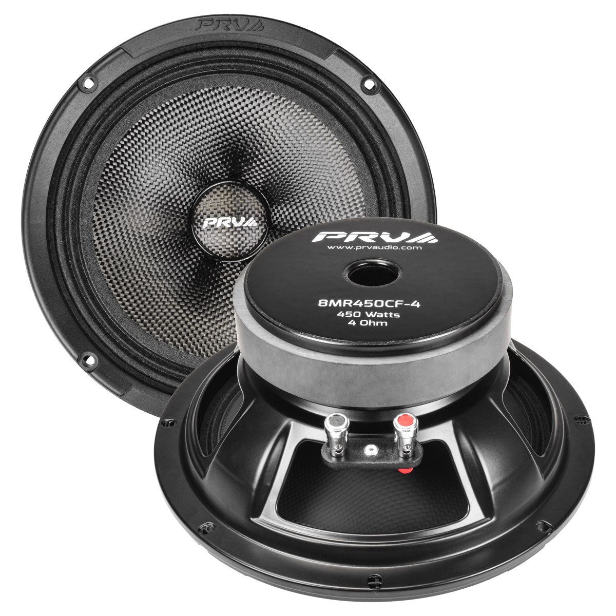 Pair of PRV audio speakers on a white background