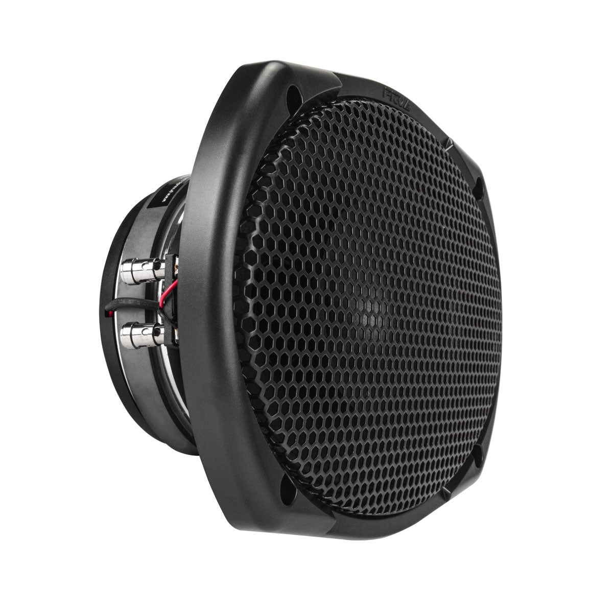 Black car speaker with grille on a white background