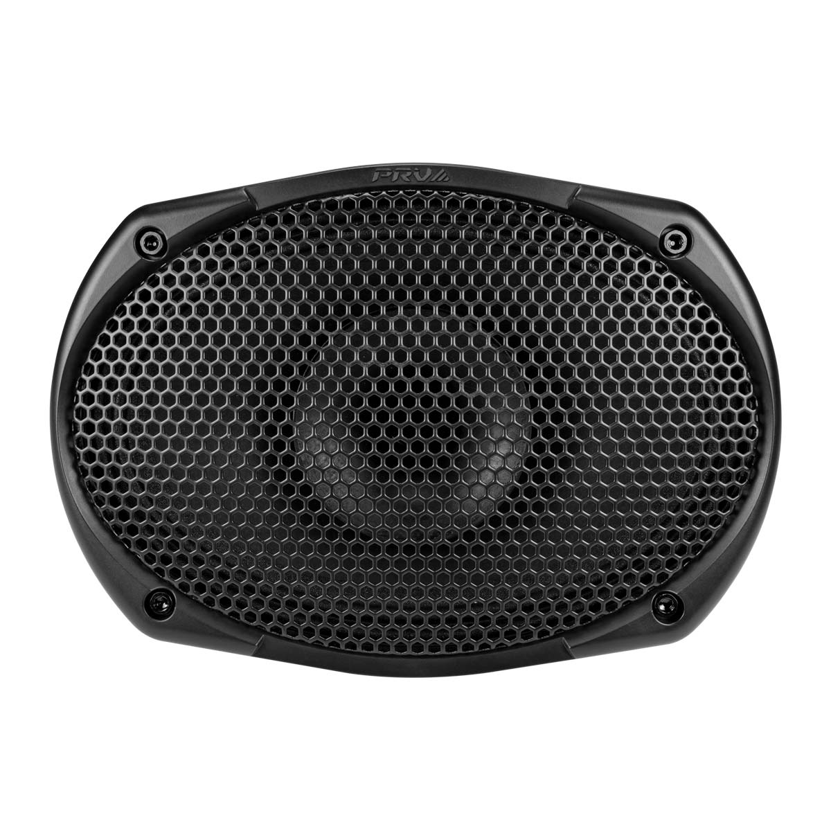 Black speaker with honeycomb grille on a white background
