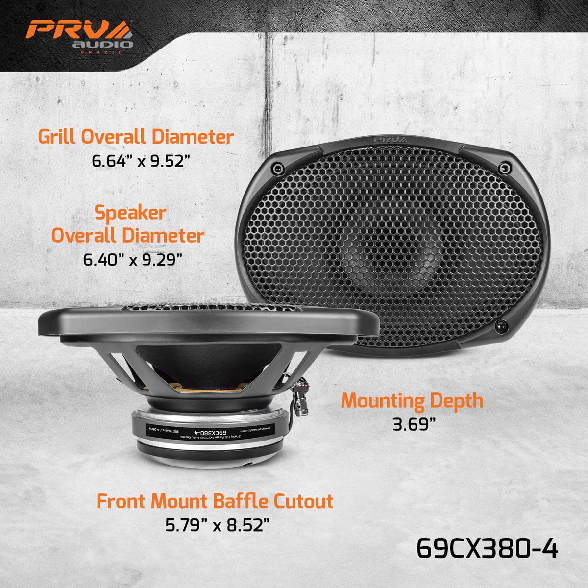 Pair of car speakers with technical specifications on a gray background