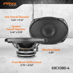 Pair of car speakers with technical specifications on a gray background